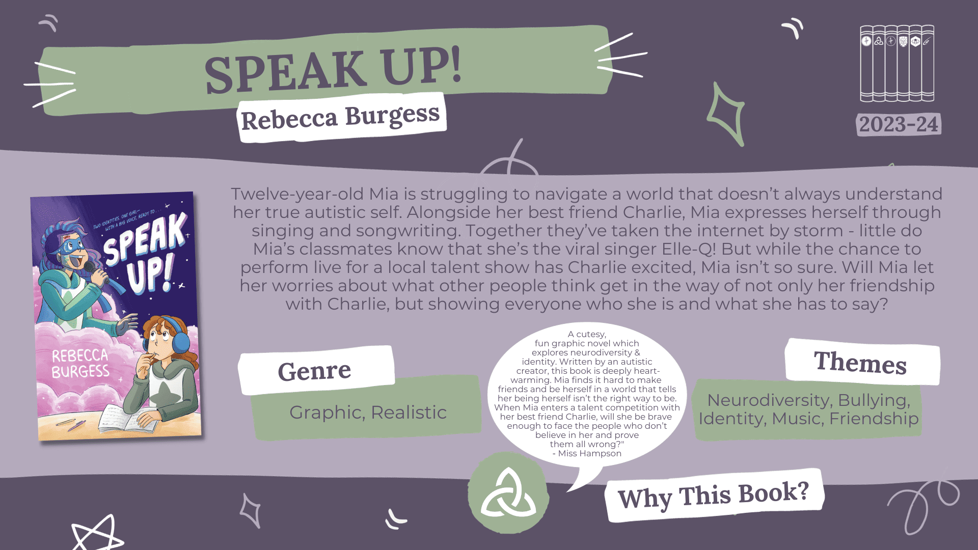 A fact card about a book nominated for the Laurus Trust Libraries Book Award 2023-2024: Speak Up! by Rebecca Burgess Blurb Reads: Twelve-year-old Mia is struggling to navigate a world that doesn't always understand her true autistic self. Alongside her best friend Charlie, Mia expresses herself through singing and songwriting. Together they've taken the internet by storm - little do Mia's classmates know that she's the viral singer Elle-Q! But while the chance to perform live for a local talent show has Charlie excited, Mia isn't so sure. Will Mia let her worries about what other people think get in the way of not only her friendship with Charlie, but showing everyone who she is and what she has to say? Genre: Graphic, Realistic Themes: Neurodiversity, Bullying, Identity, Music, Friendship. Why this book? A cutesy, fun graphic novel which explores neurodiversity & identity. Written by an autistic creator, this book is deeply heart-warming. Mia finds it hard to make friends and be herself in a world that tells her being herself isn't the right way to be. When Mia enters a talent competition with her best friend Charlie, will she be brave enough to face the people who don't believe in her and prove them all wrong? - Miss Hampson (LR)