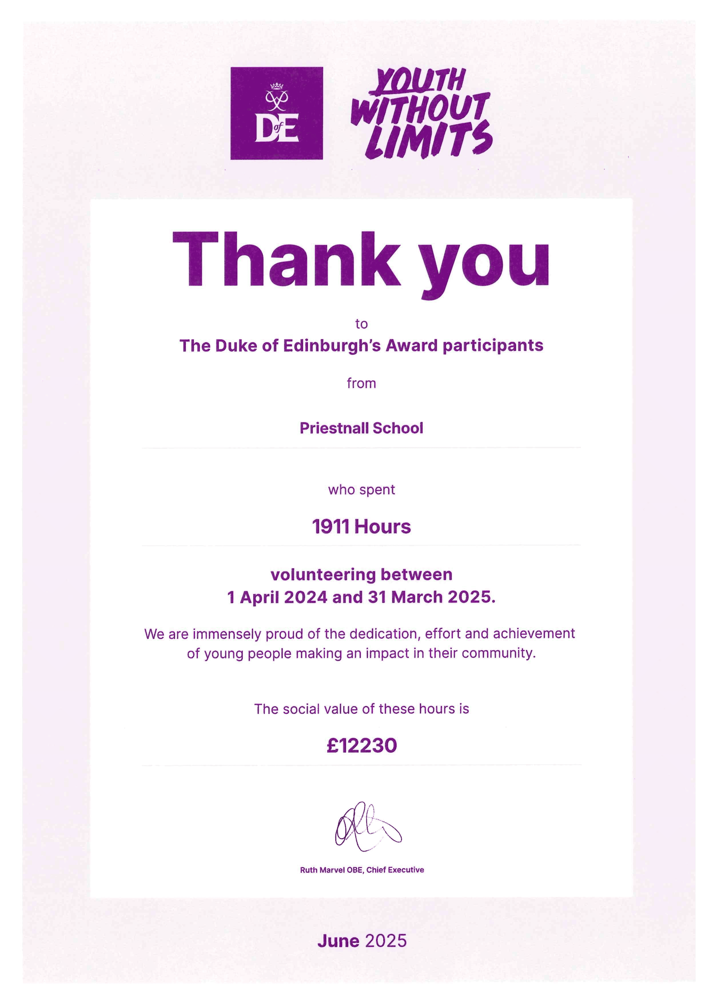 A certificate awarded to Priestnall School from the Duke of Edinburgh Award fot the social impact of volunteering 2025.