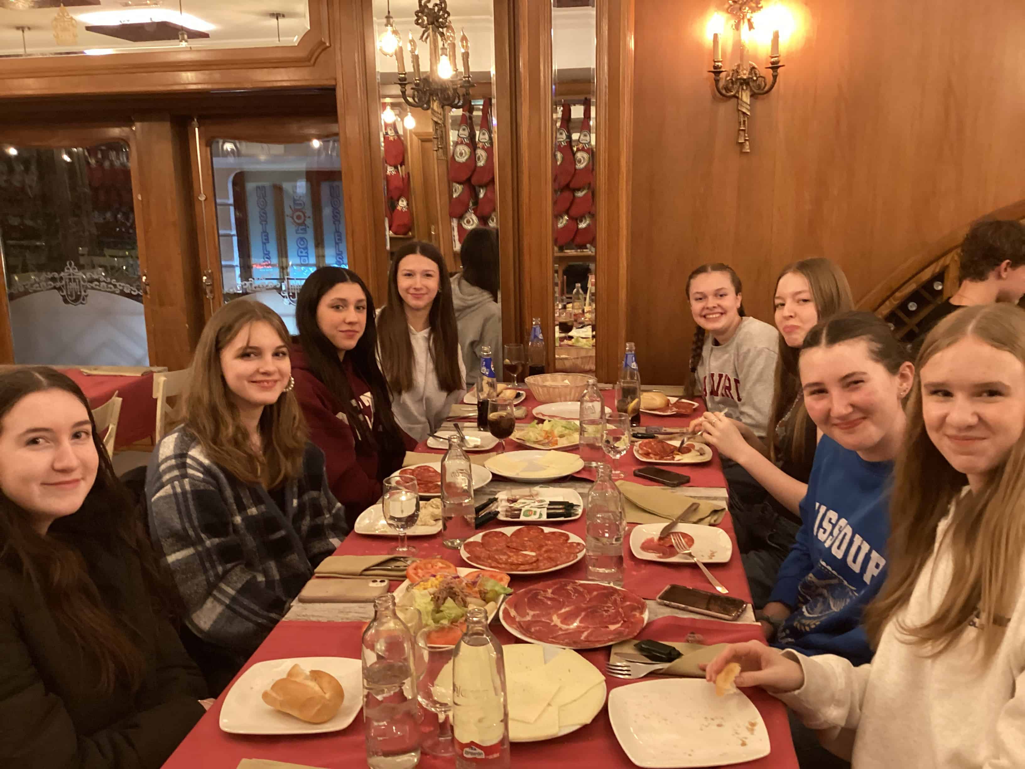 Students from Priestnall School have dinner at a traditional Spanish tapas restaurant.