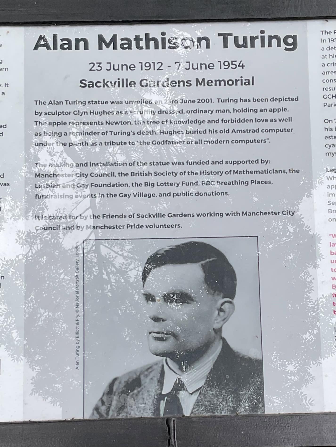A board with information about Alan Turing, found on a walking tour of Manchester during a Priestnall School Pride Trip 2025